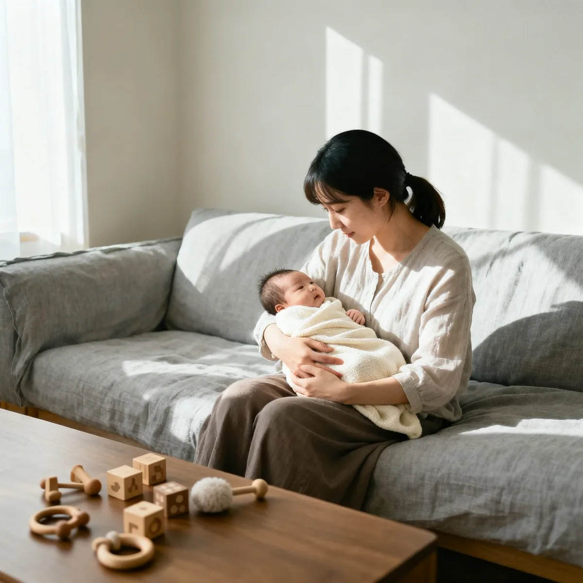 Korean mother holding newborn on couch observing baby milestones