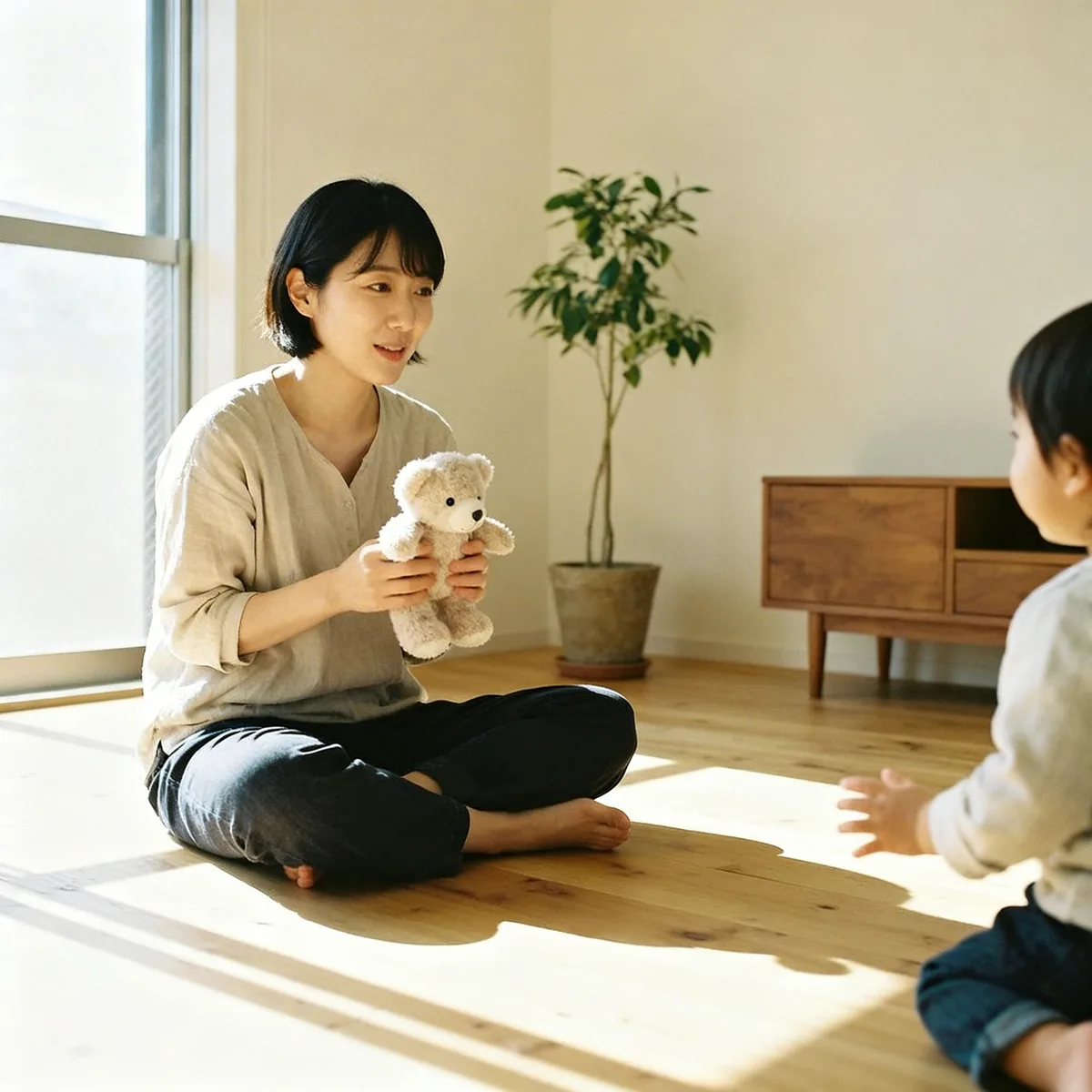 Korean mother engaging with toddler during speech play on light wooden floor
