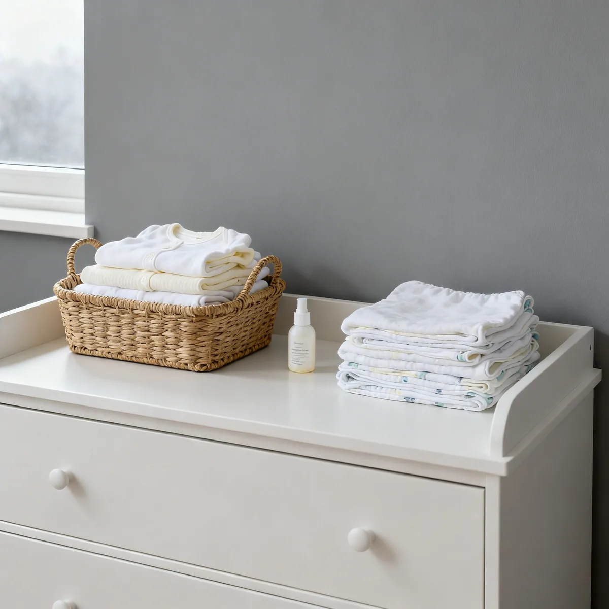Minimalist newborn essentials arranged on white changing table with folded baby clothes and diapers