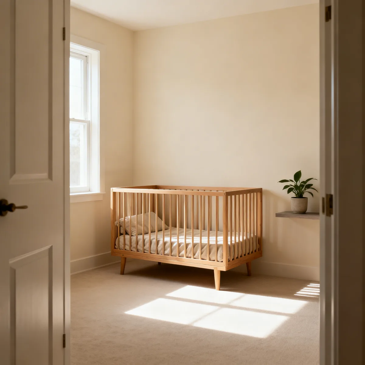 Minimalist baby nursery setup showing essential furniture with natural window light