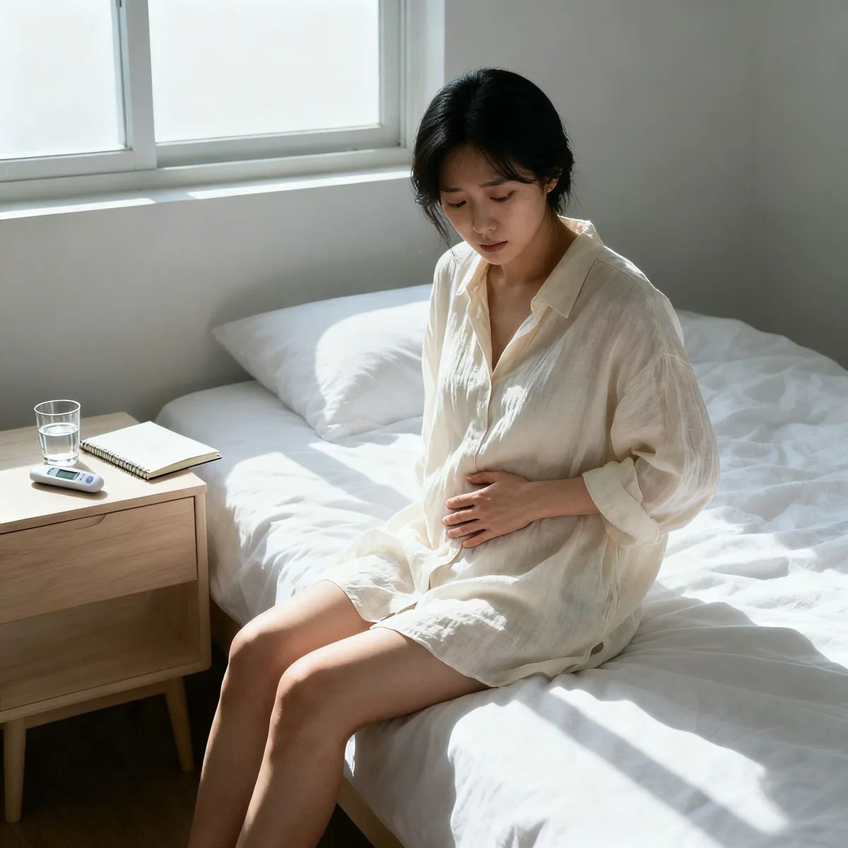 Woman tracking signs of ovulation with thermometer and body awareness
