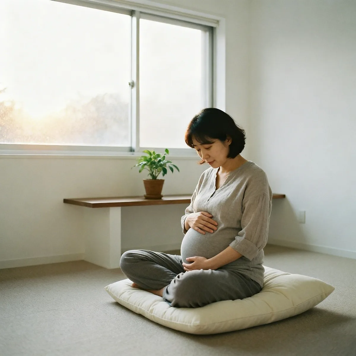 Korean mother thoughtfully touching her pregnant belly while sitting on floor cushion in bright minimalist room