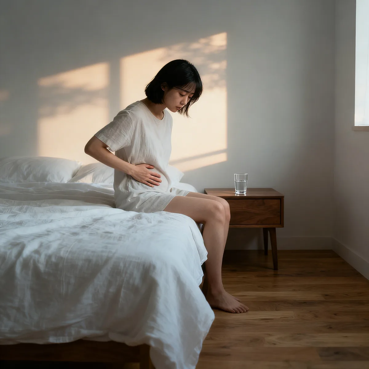 Korean woman sitting on bed, hand on abdomen, early morning light—cramping and early pregnancy awareness