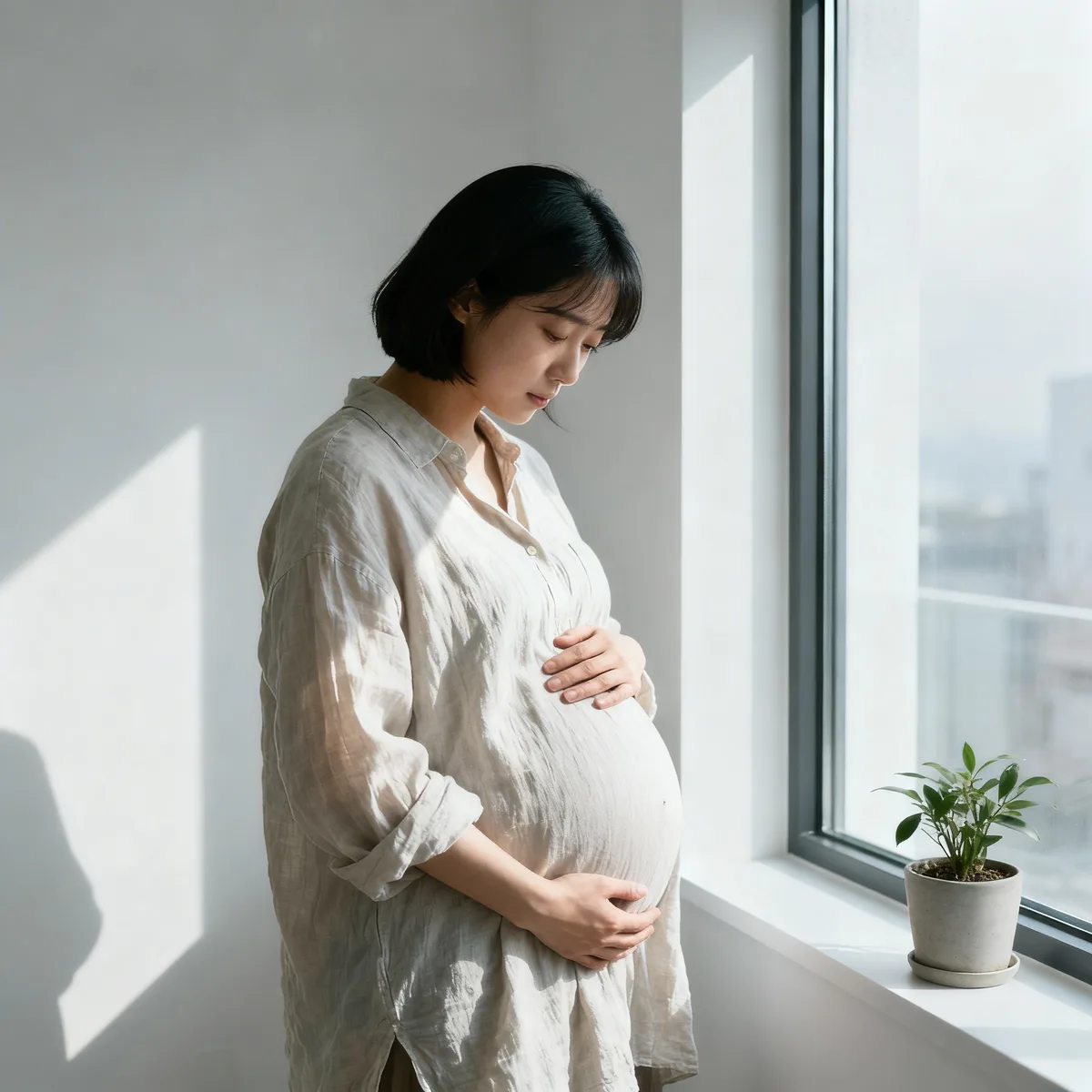 Pregnant woman by window reflecting on pregnancy week by week changes