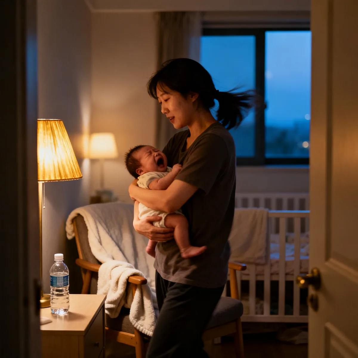 Korean mother soothing a fussy newborn in warm bedroom light at night
