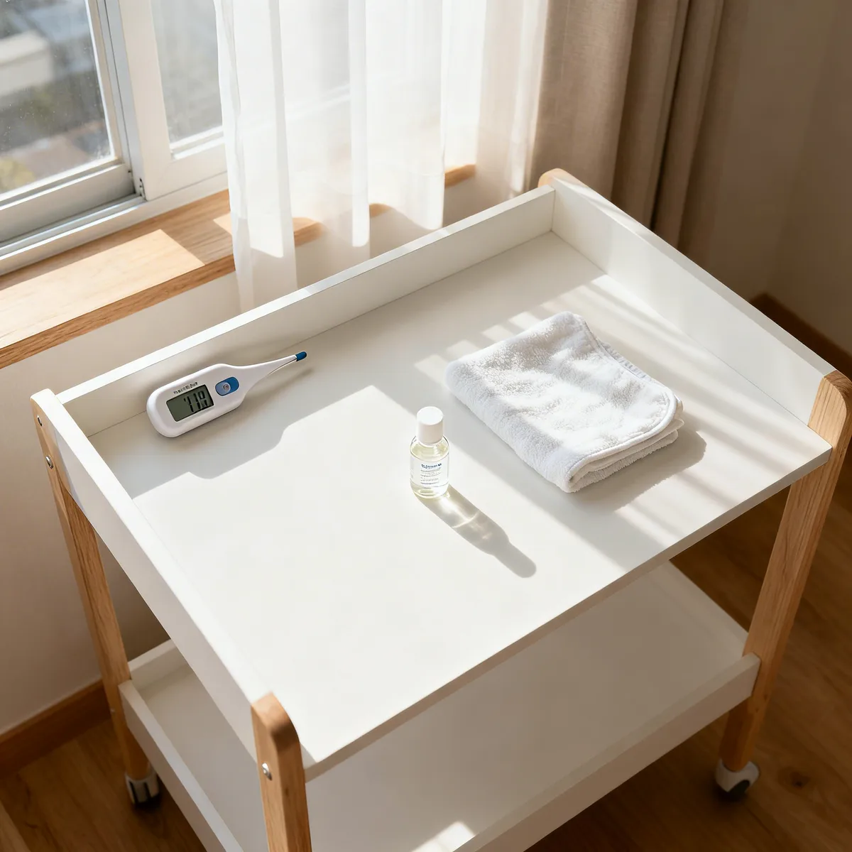 Baby fever care essentials arranged on a white changing table with thermometer and medication bottle