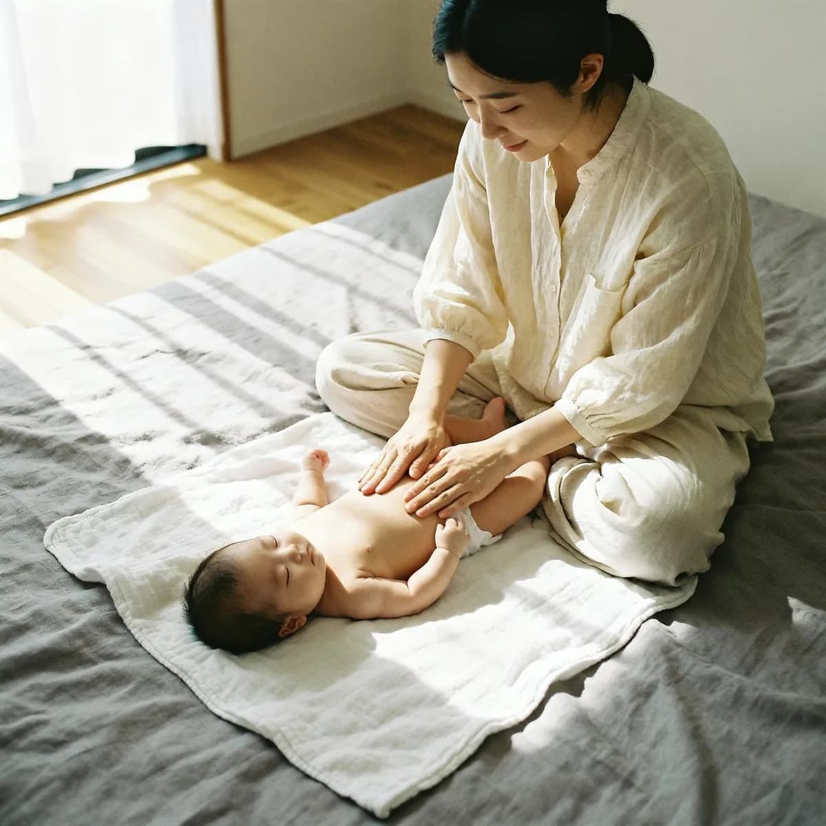 Korean mother gently massaging infant's stomach for infant massage gas relief