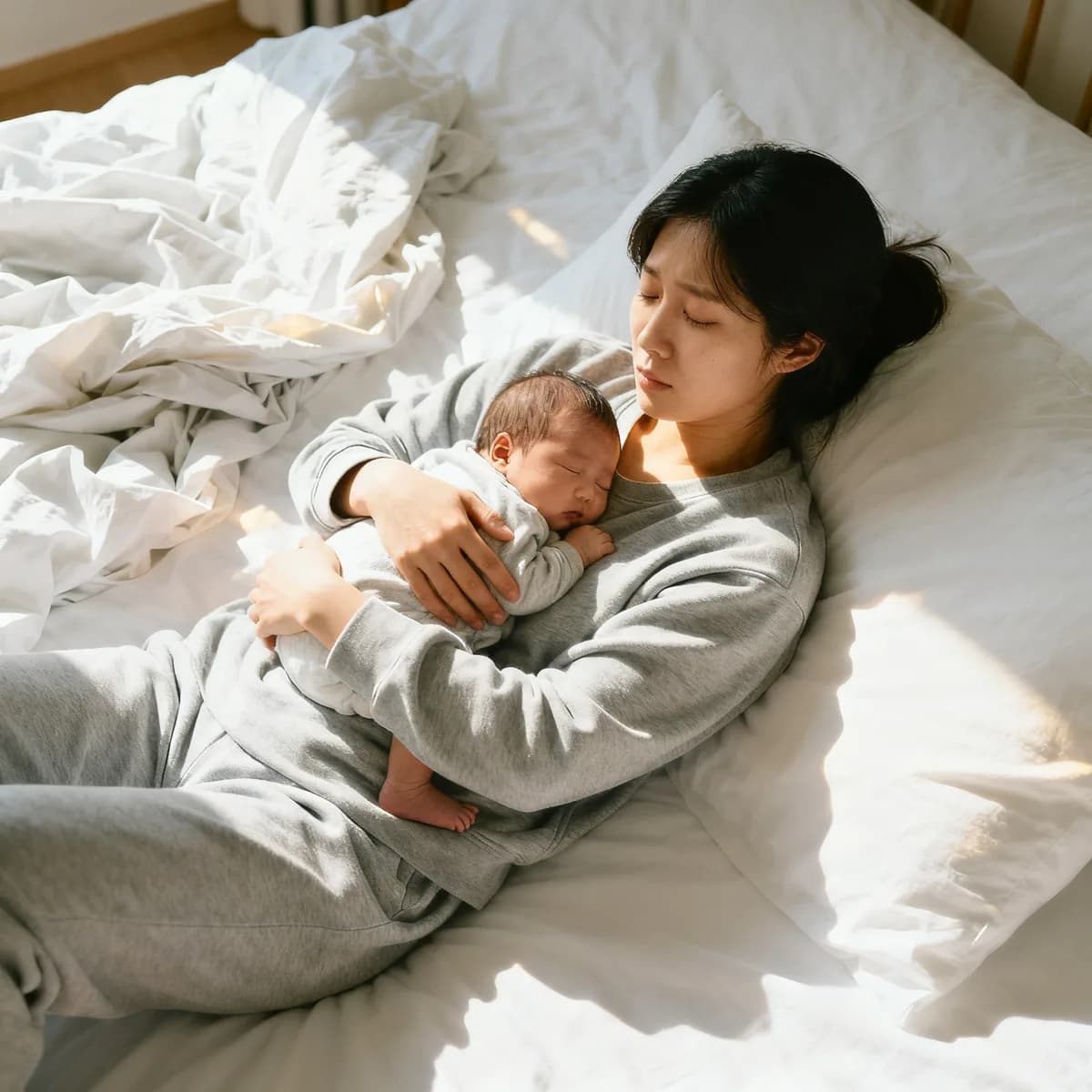 Korean mother holding newborn in bright bedroom during morning light