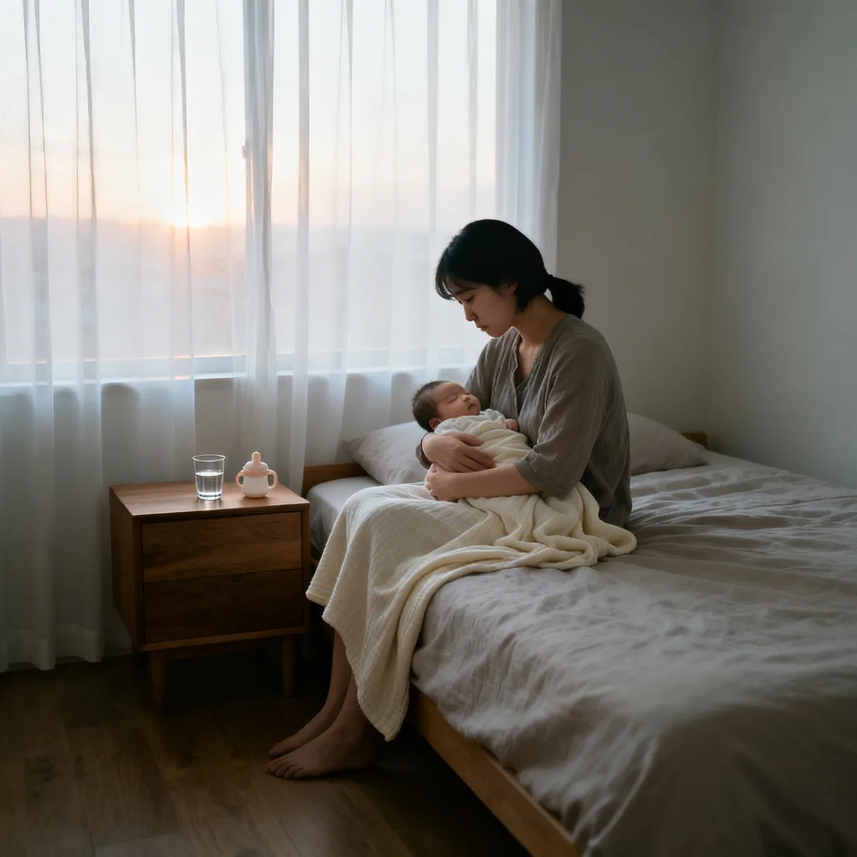 Korean mother holding sleeping newborn in morning light during newborn sleep routine