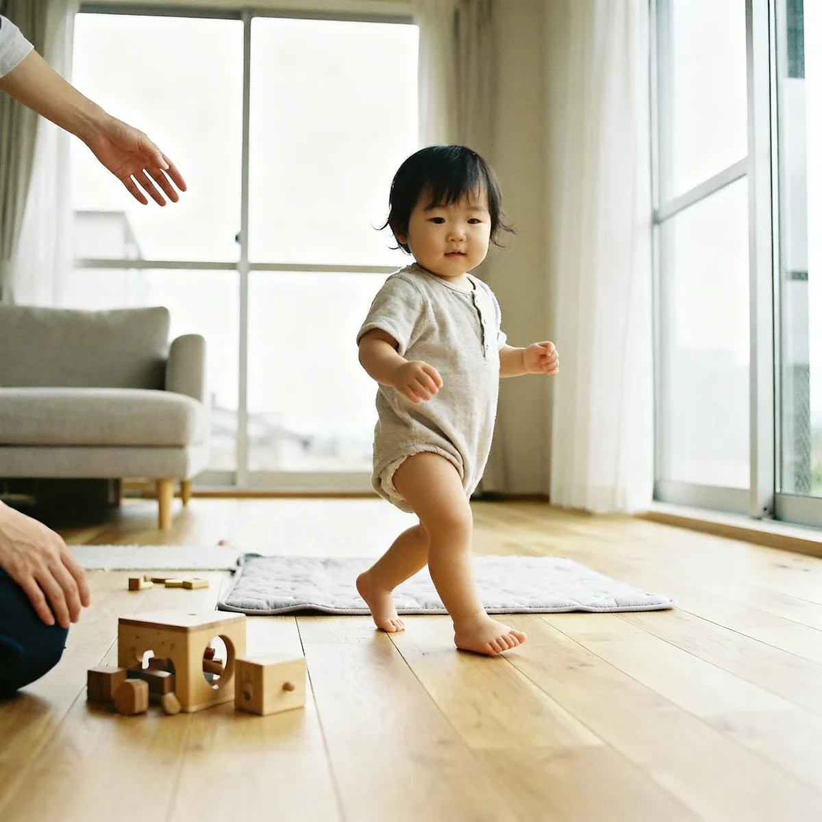 Korean toddler taking independent steps on wooden floor in bright living room