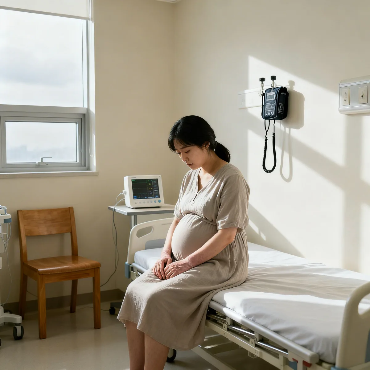 Pregnant woman in hospital exam room with blood pressure cuff during preeclampsia screening