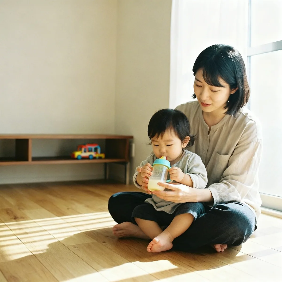 Korean mother guiding toddler to drink from sippy cup in bright morning light