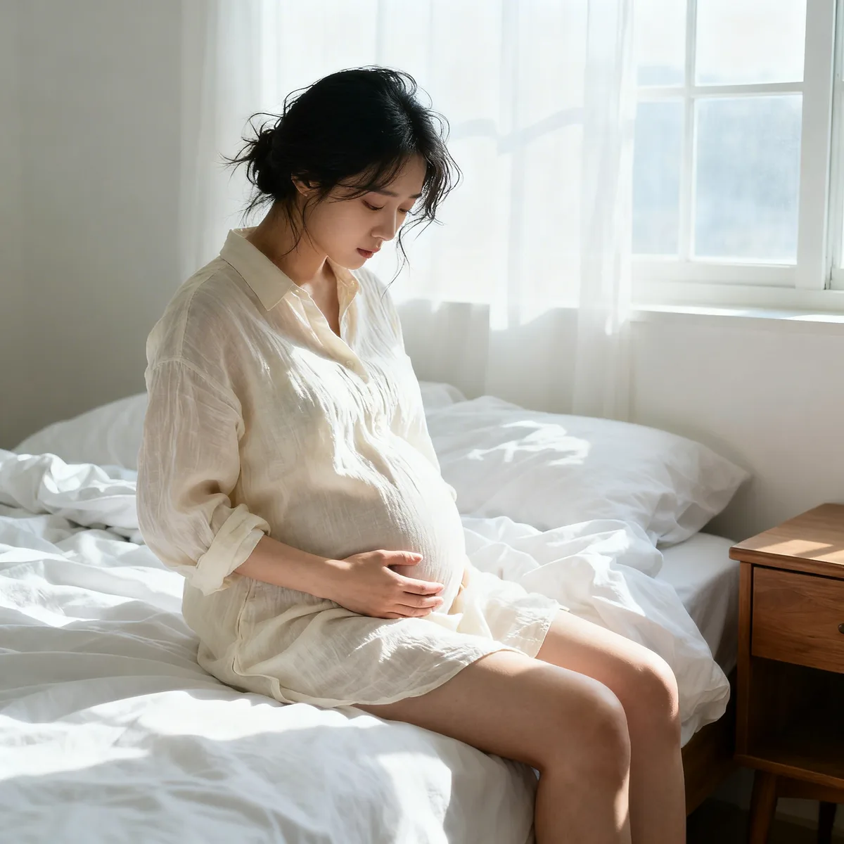 Pregnant woman at 10 weeks sitting on bed in morning light, hand on belly