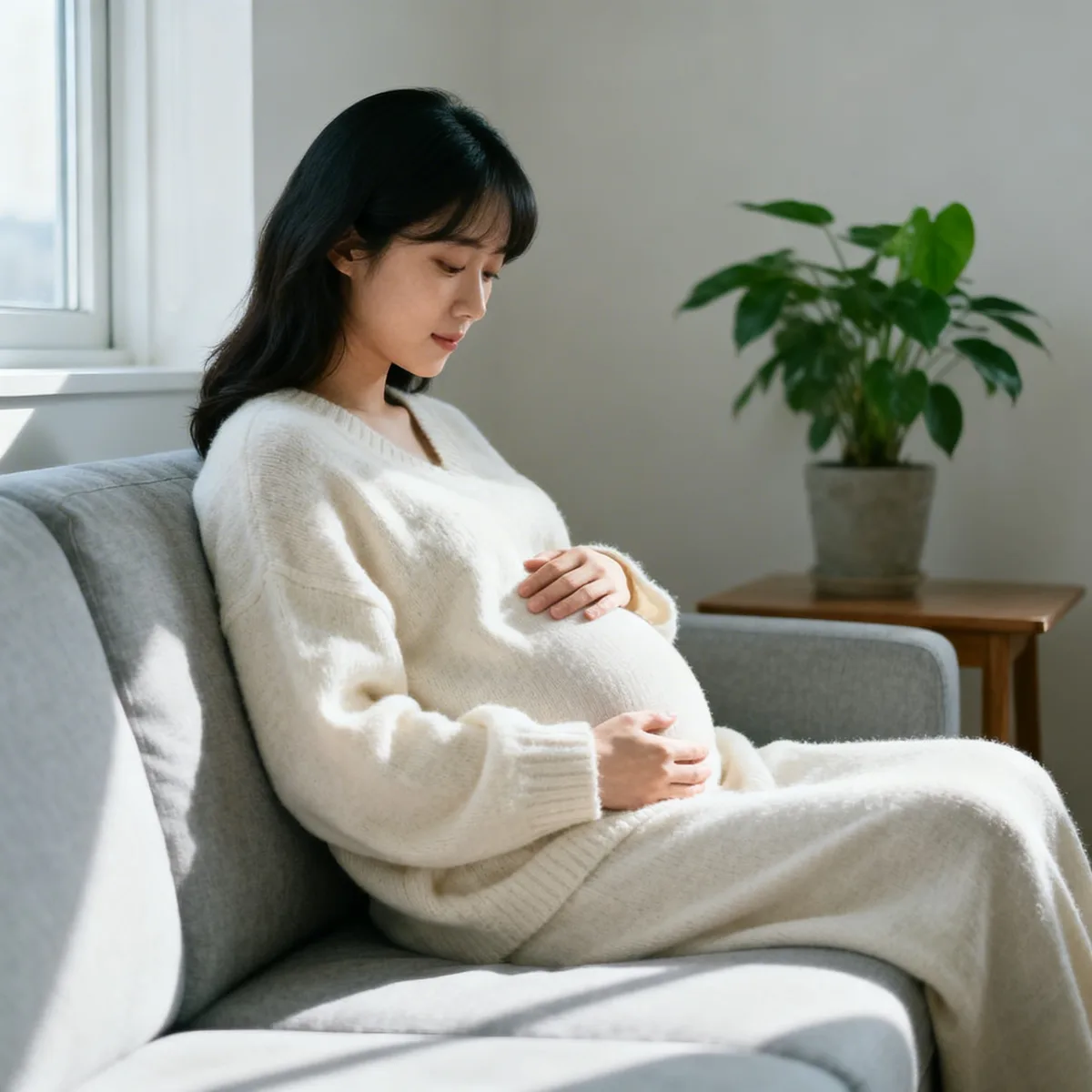 Korean pregnant woman at 12 weeks resting hand on belly on couch with window light