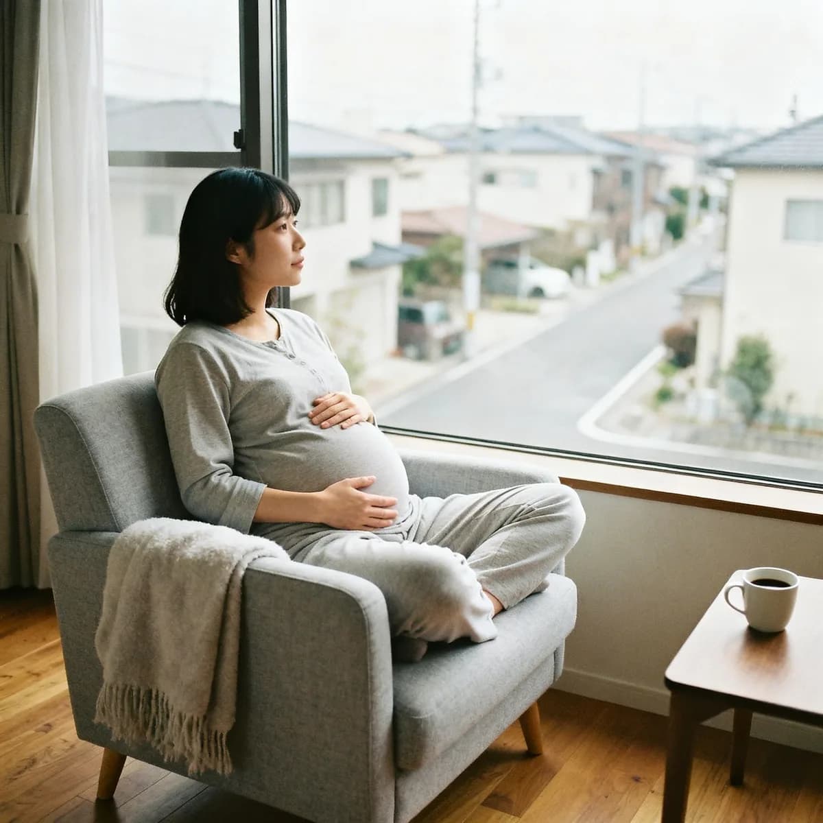 Pregnant woman at 14 weeks touching her belly by bright window, second trimester moment