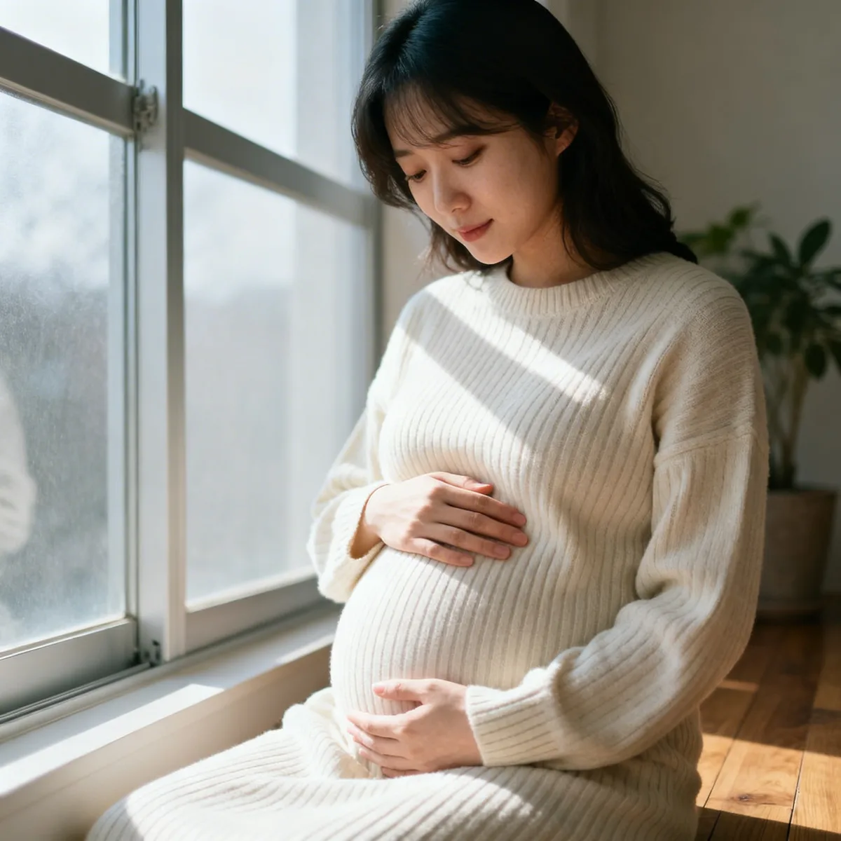 Korean pregnant woman at 16 weeks cradling her growing baby bump by window light