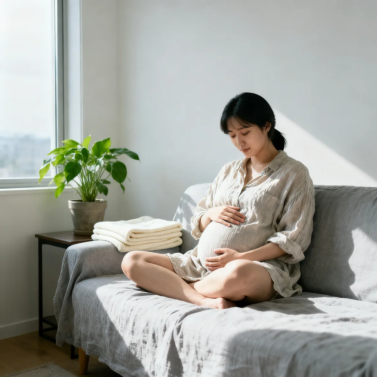 Korean pregnant woman at 24 weeks resting hand on belly in soft window light