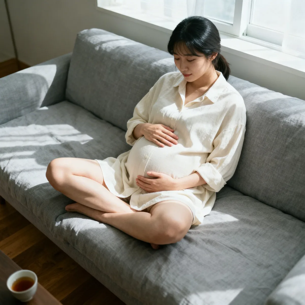 Pregnant woman at 40 weeks sitting on couch with hand on belly, natural daylight