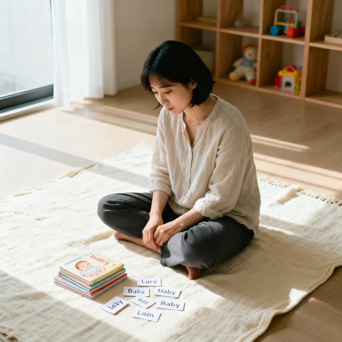 Korean mother reviewing unisex baby name options on floor with soft window light