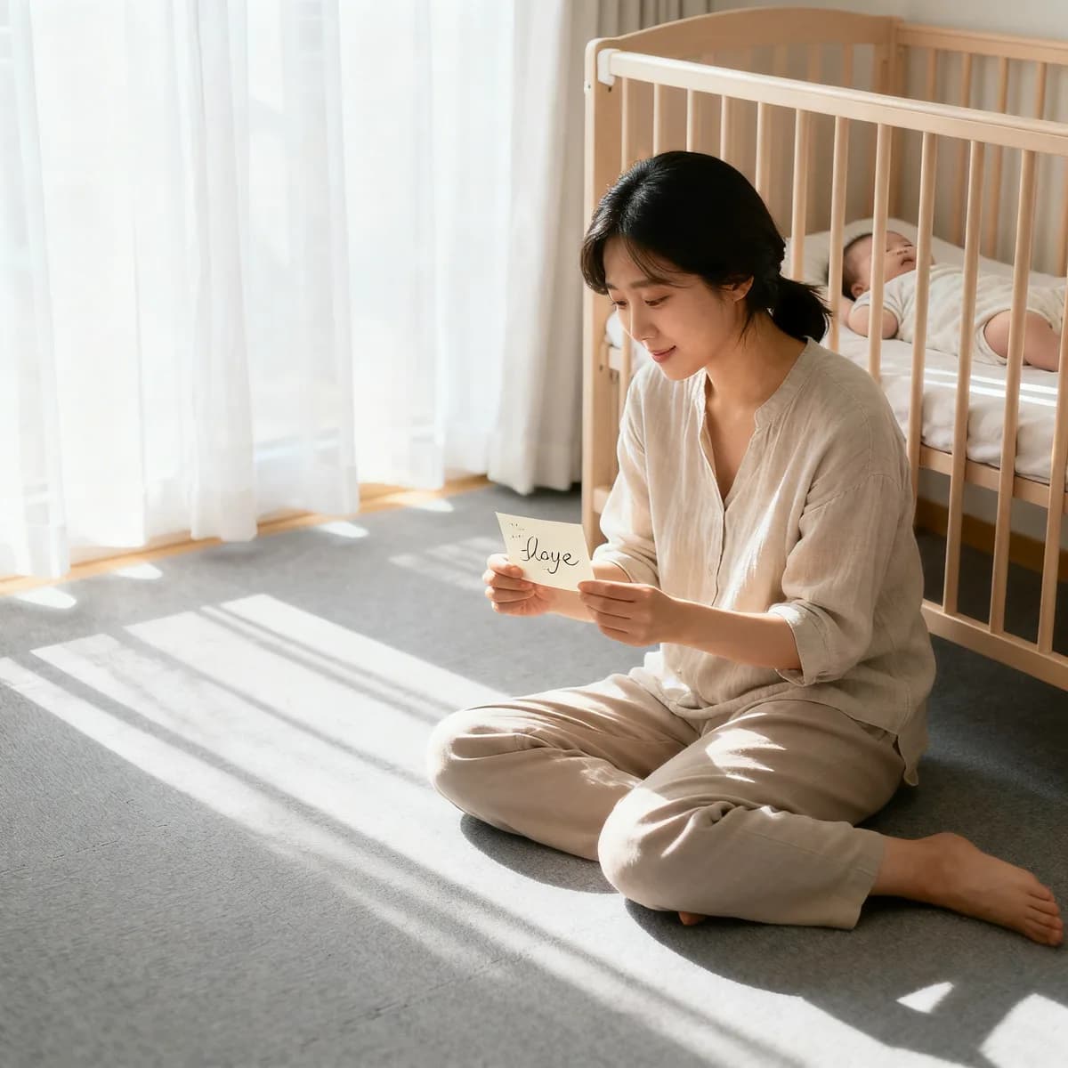 Korean mother in nursery holding name note by crib in morning light
