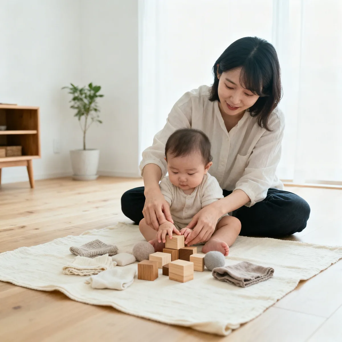 Korean mother and baby exploring fine motor skills with wooden blocks on a light wooden floor