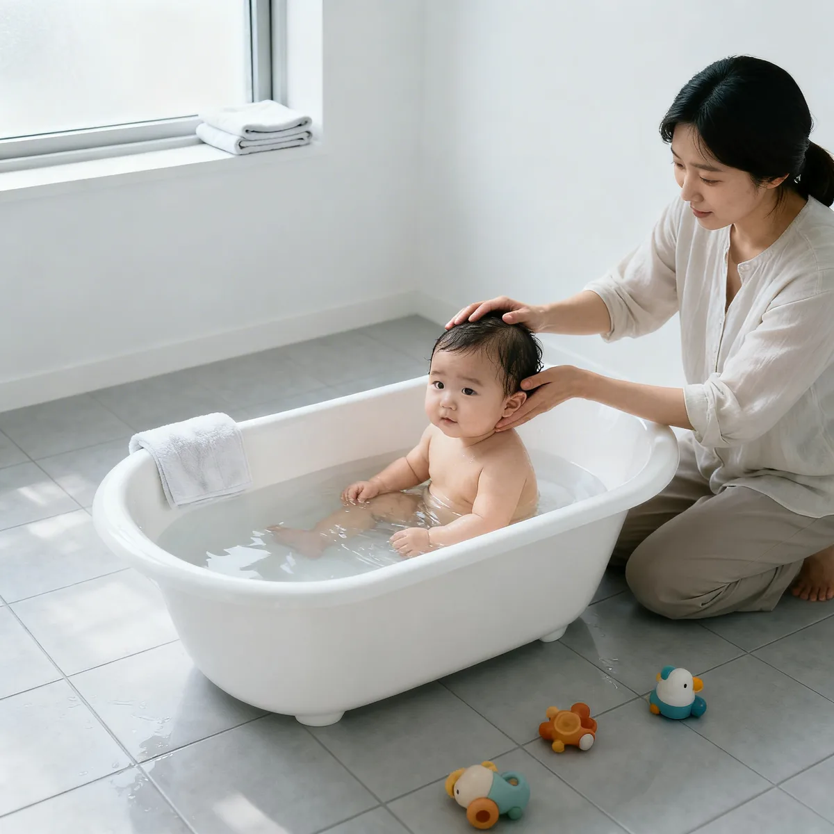 Korean mother bathing baby safely in white tub with gentle water support