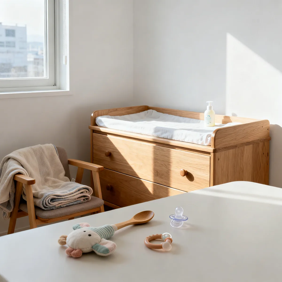 Minimalist nursery with wooden changing table and safe baby items in natural light