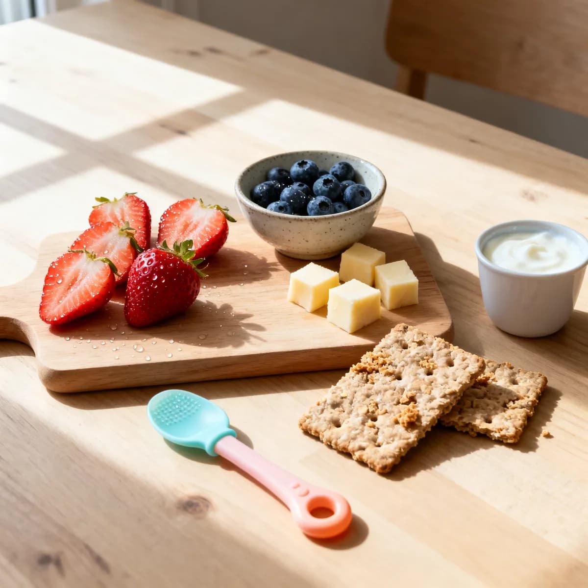 Overhead flat lay of healthy toddler snack ideas including berries, cheese, and whole grain crackers on a wooden table.