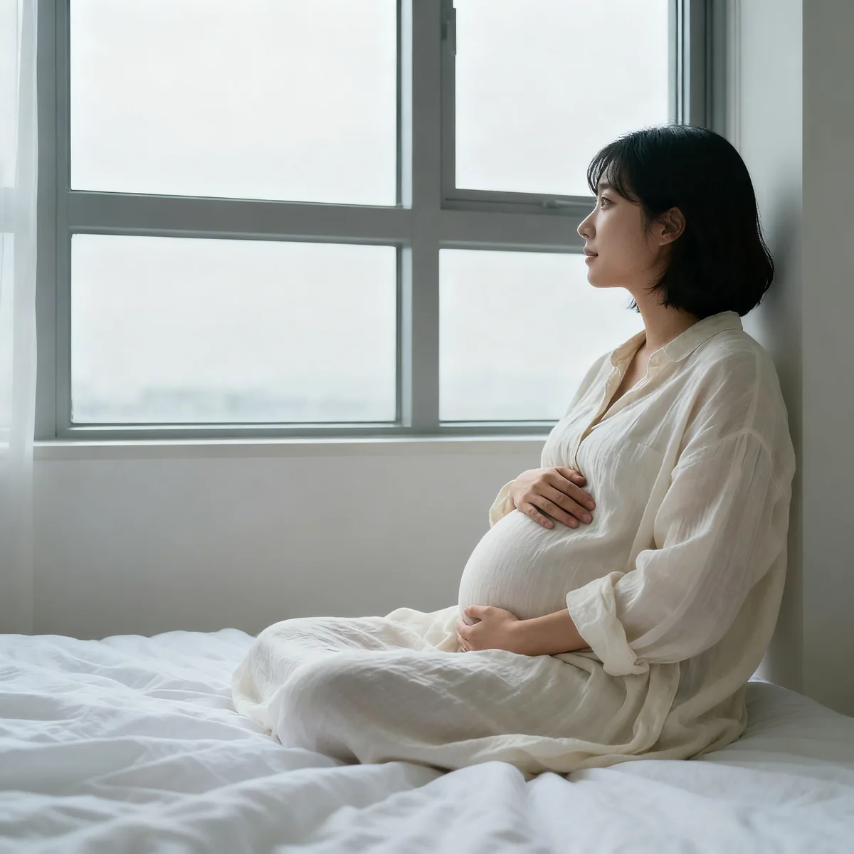 Pregnant woman at 27 weeks sitting peacefully by window with natural light