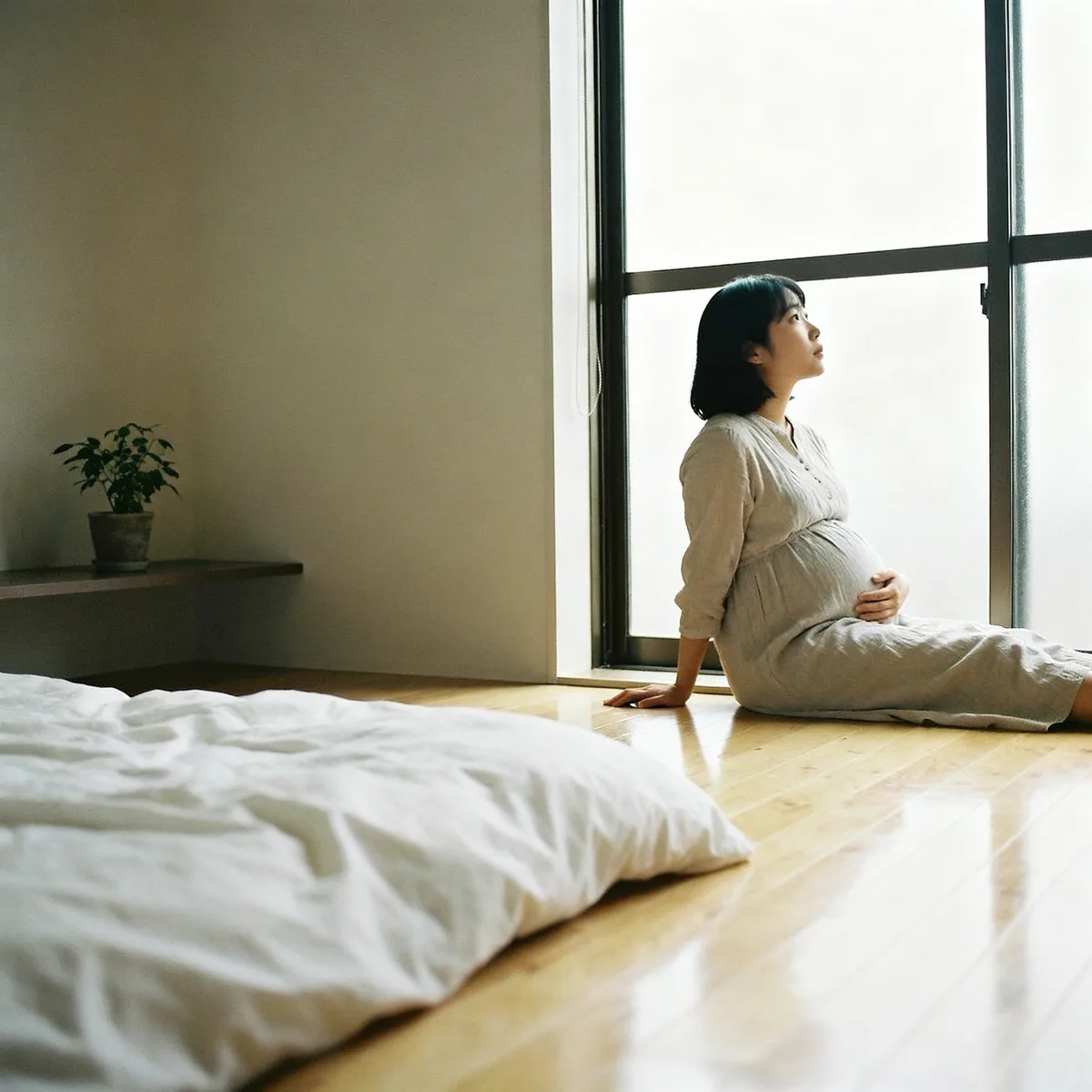 Pregnant woman at 31 weeks sitting by window, hand on belly, reflecting during pregnancy development