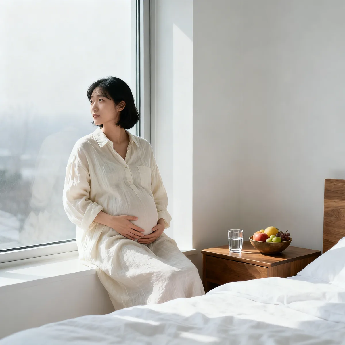 Pregnant woman at 33 weeks sitting by window in serene bedroom with natural light