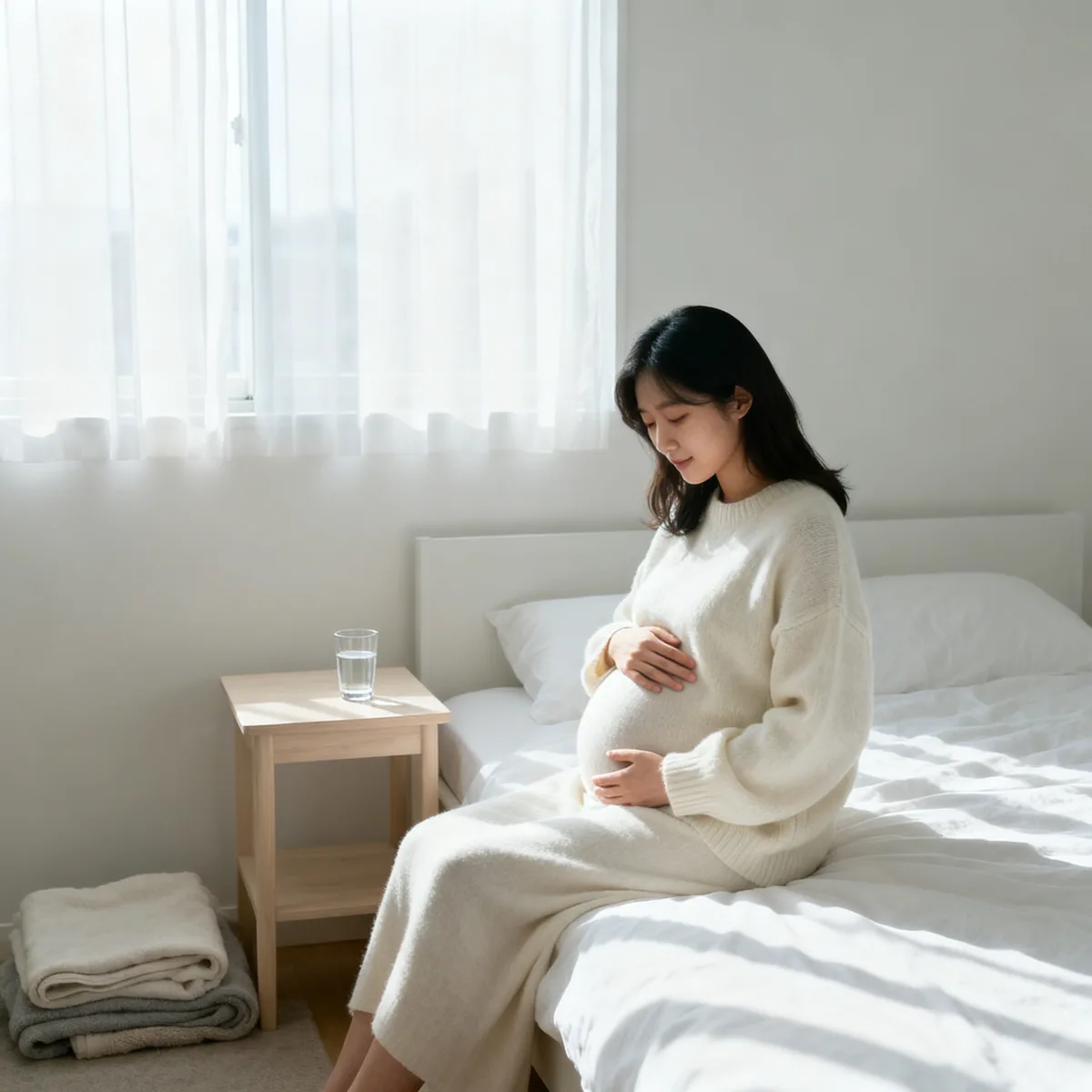 Pregnant woman at 35 weeks sitting on bed in morning light, hand on belly
