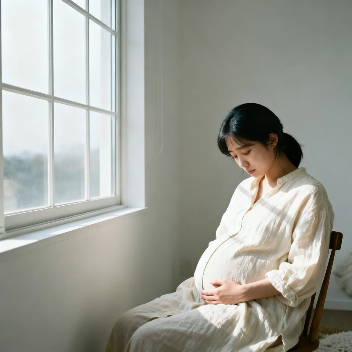 Pregnant woman at 37 weeks sitting by window with soft natural light