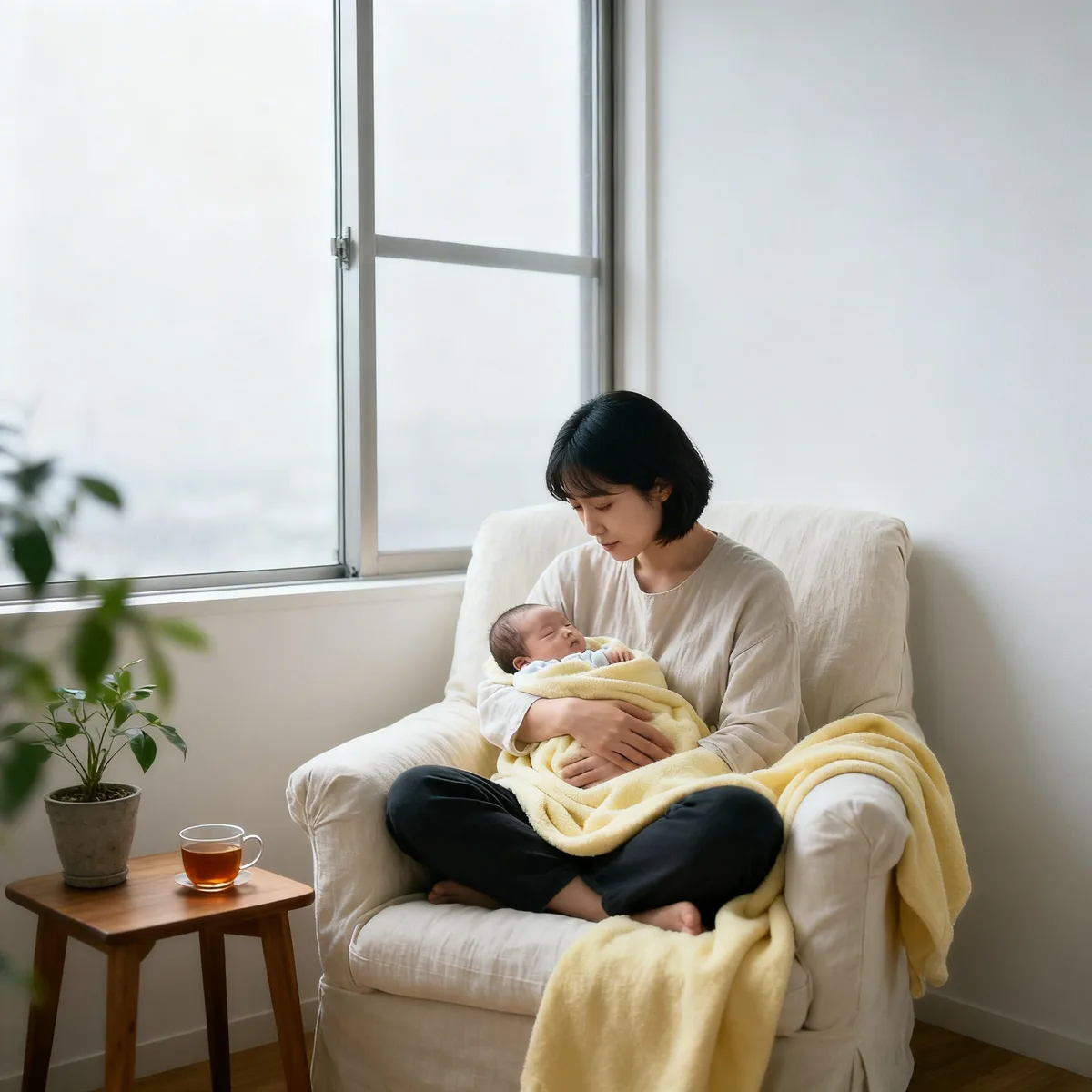 Korean mother holding newborn, looking at baby name options with morning window light