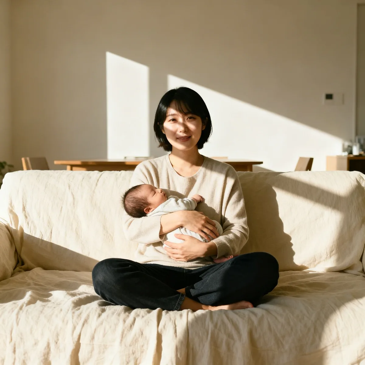 Korean mother holding newborn on couch with soft window light