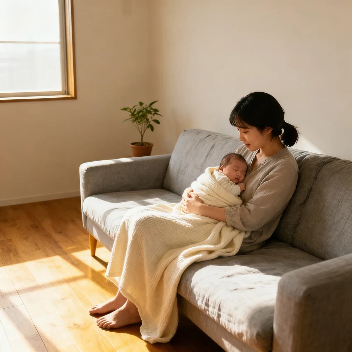 Korean mother cradling newborn on sofa, soft afternoon light, French baby names