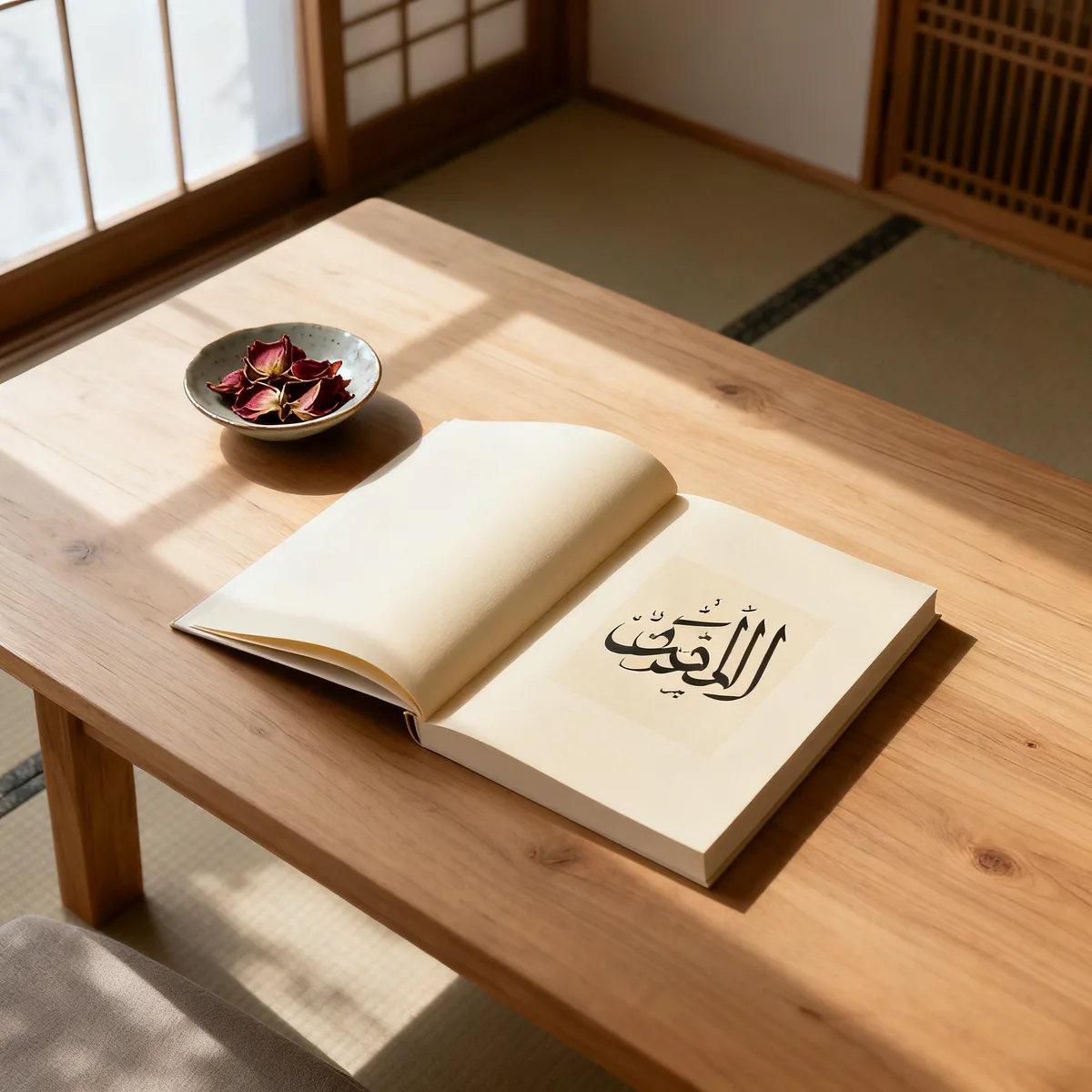 Overhead view of Arabic calligraphy book and rose petals on wooden table with soft window light