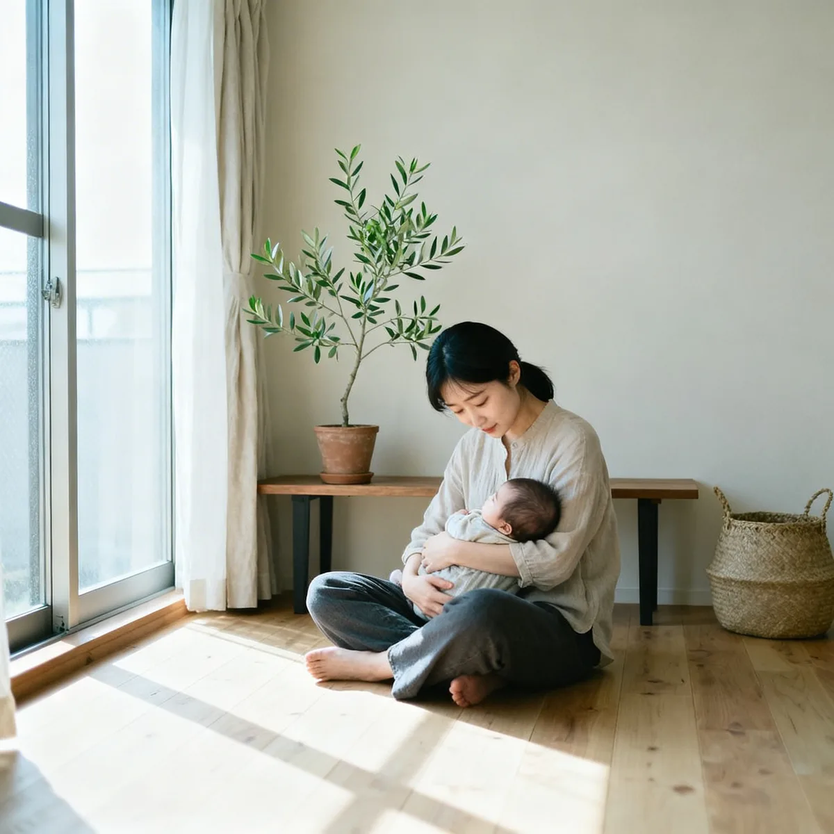 Korean mother holding baby near window with potted olive branch, nature baby names inspiration