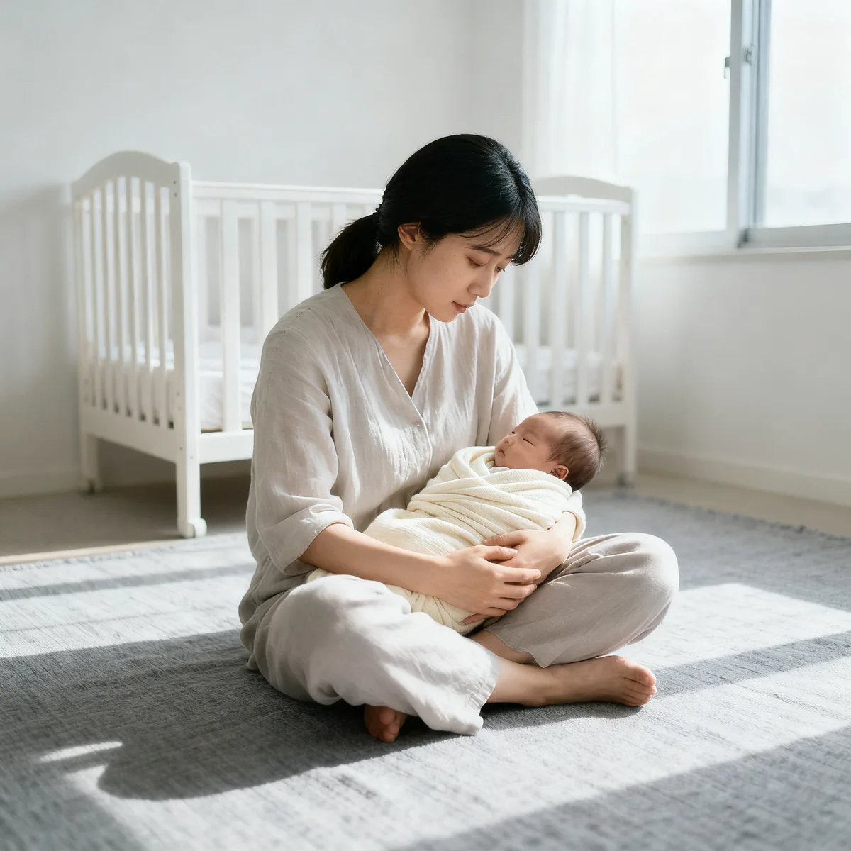 Korean mother holding newborn in bright nursery, contemplating short baby names