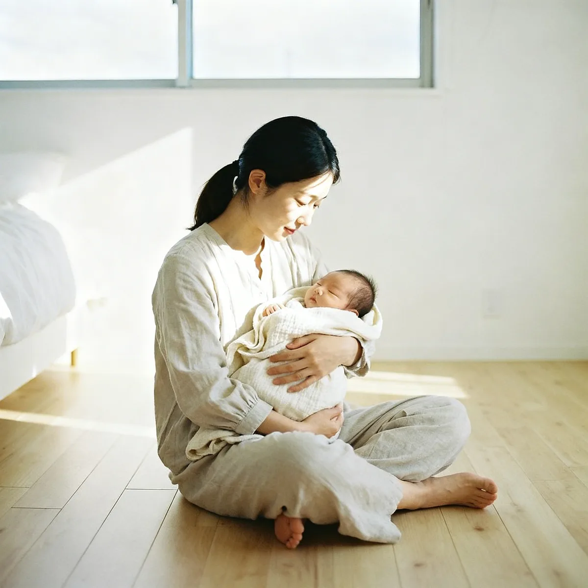 Korean mother gazing at newborn baby in morning light, rare baby names concept