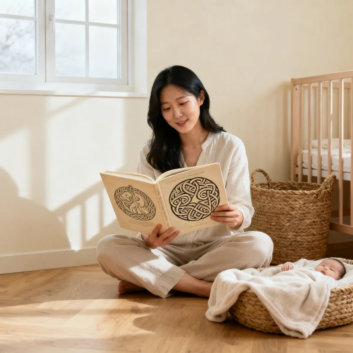 Korean mother reading about Celtic heritage in nursery with soft natural light
