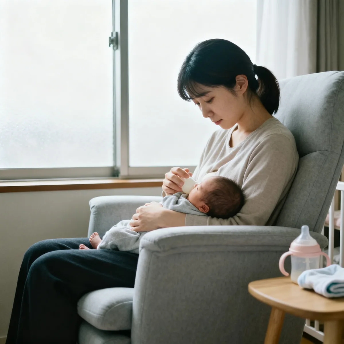 Korean mother gently holding newborn during feeding, soft window light in nursery