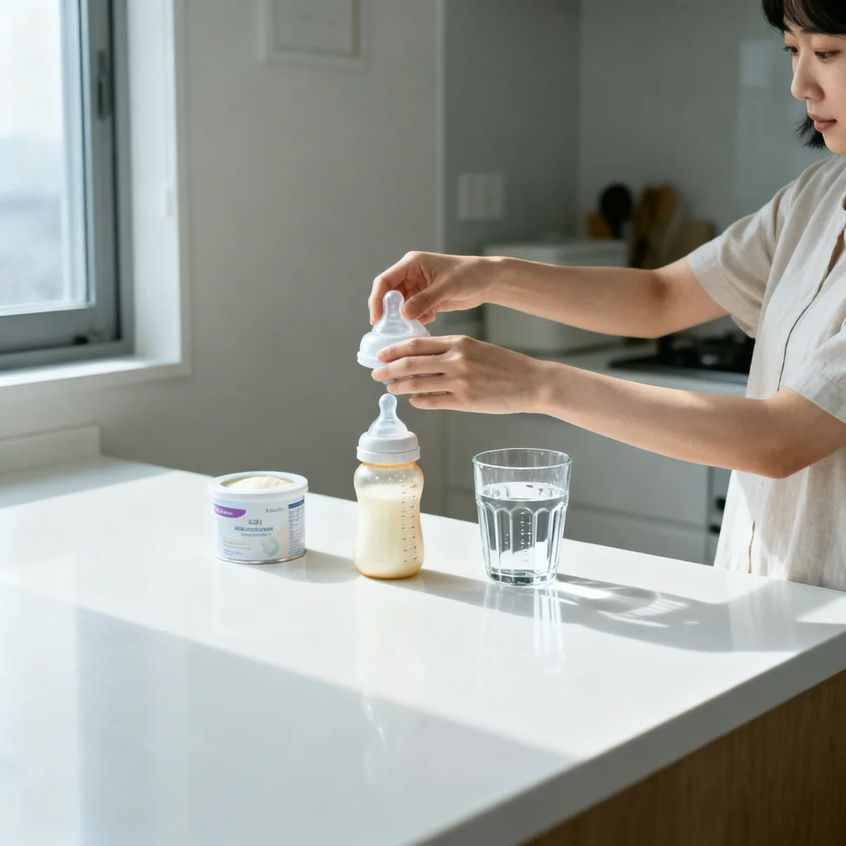 Korean mother preparing formula feeding guide for newborns at kitchen counter