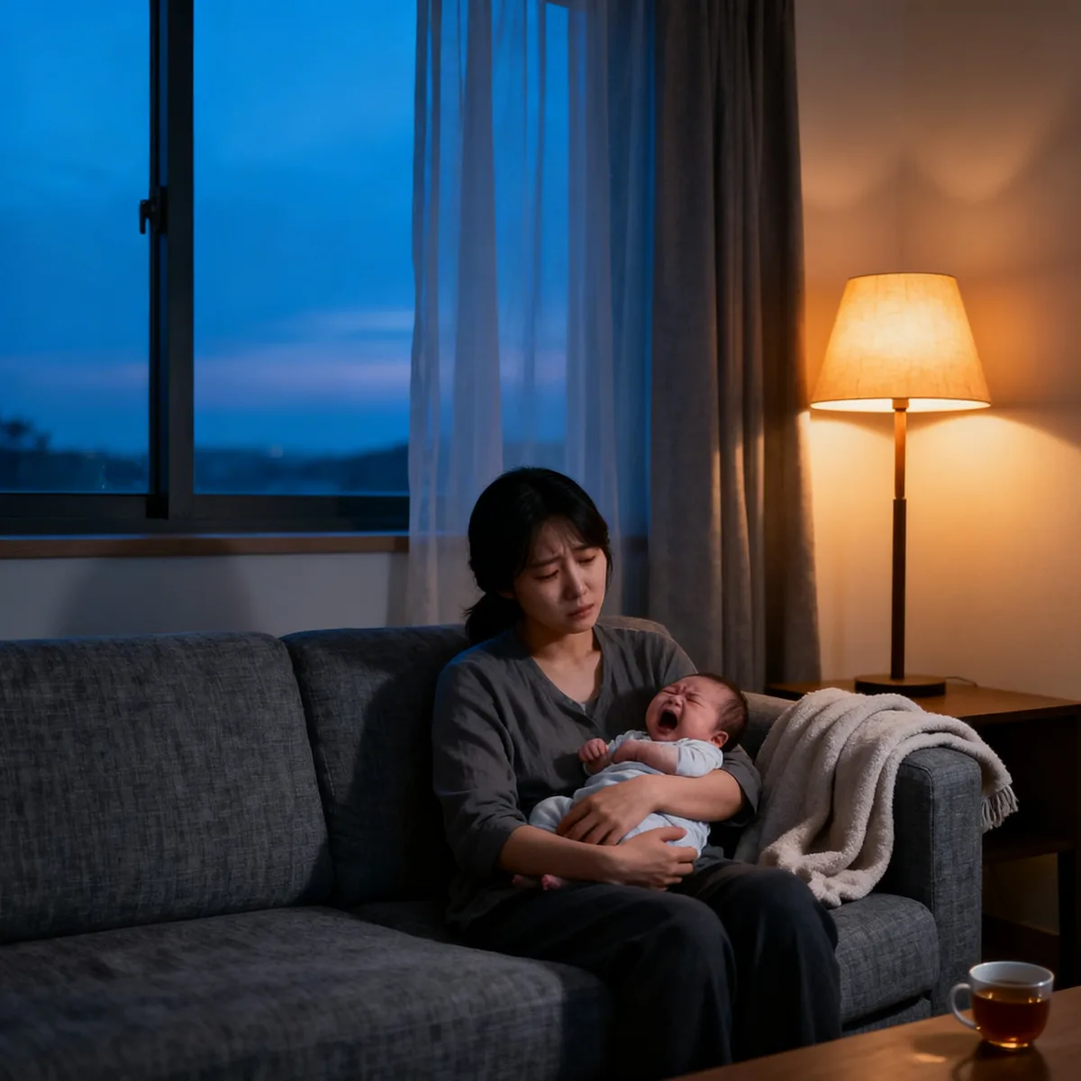 Exhausted mother holding fussy baby on couch during evening witching hour