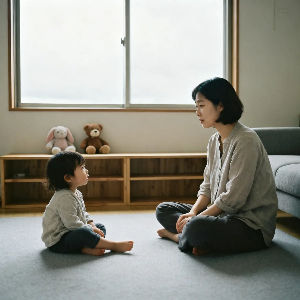 Korean mother and toddler in living room during calm parenting moment