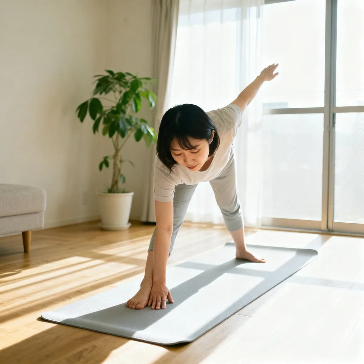 Korean mother doing gentle stretching on yoga mat in bright morning sunlight