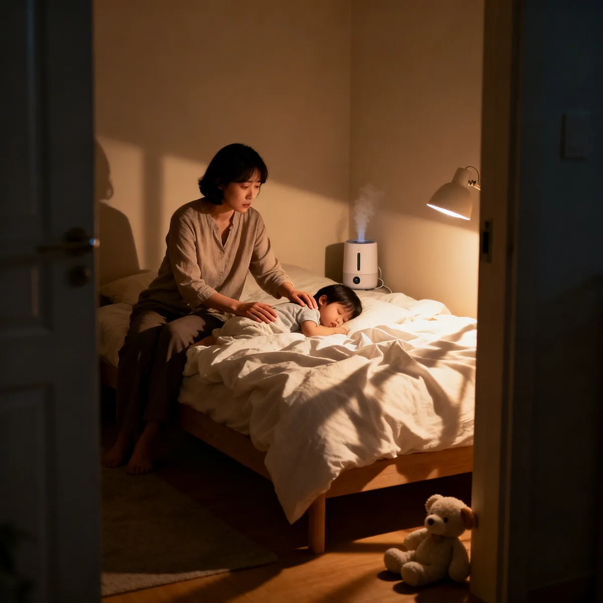 Korean mother comforting toddler during night in softly lit bedroom