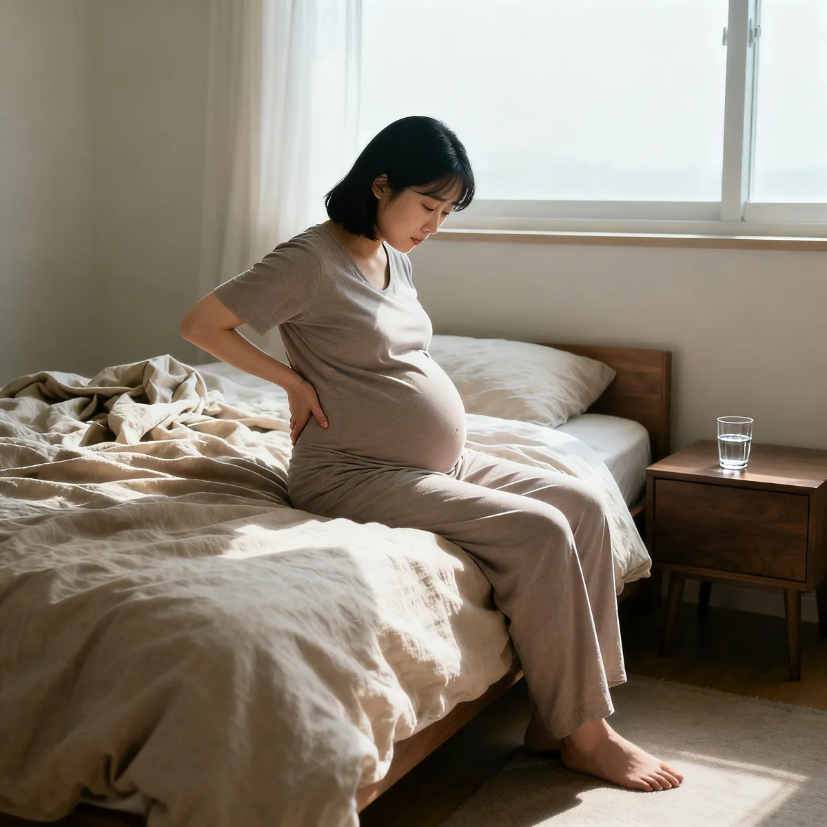 Pregnant woman at 39 weeks recognizing early labor signs while sitting on bed