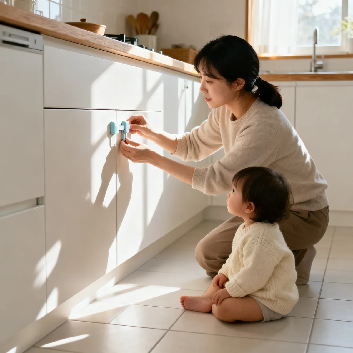 Korean mother installing cabinet safety lock while toddler watches in bright kitchen
