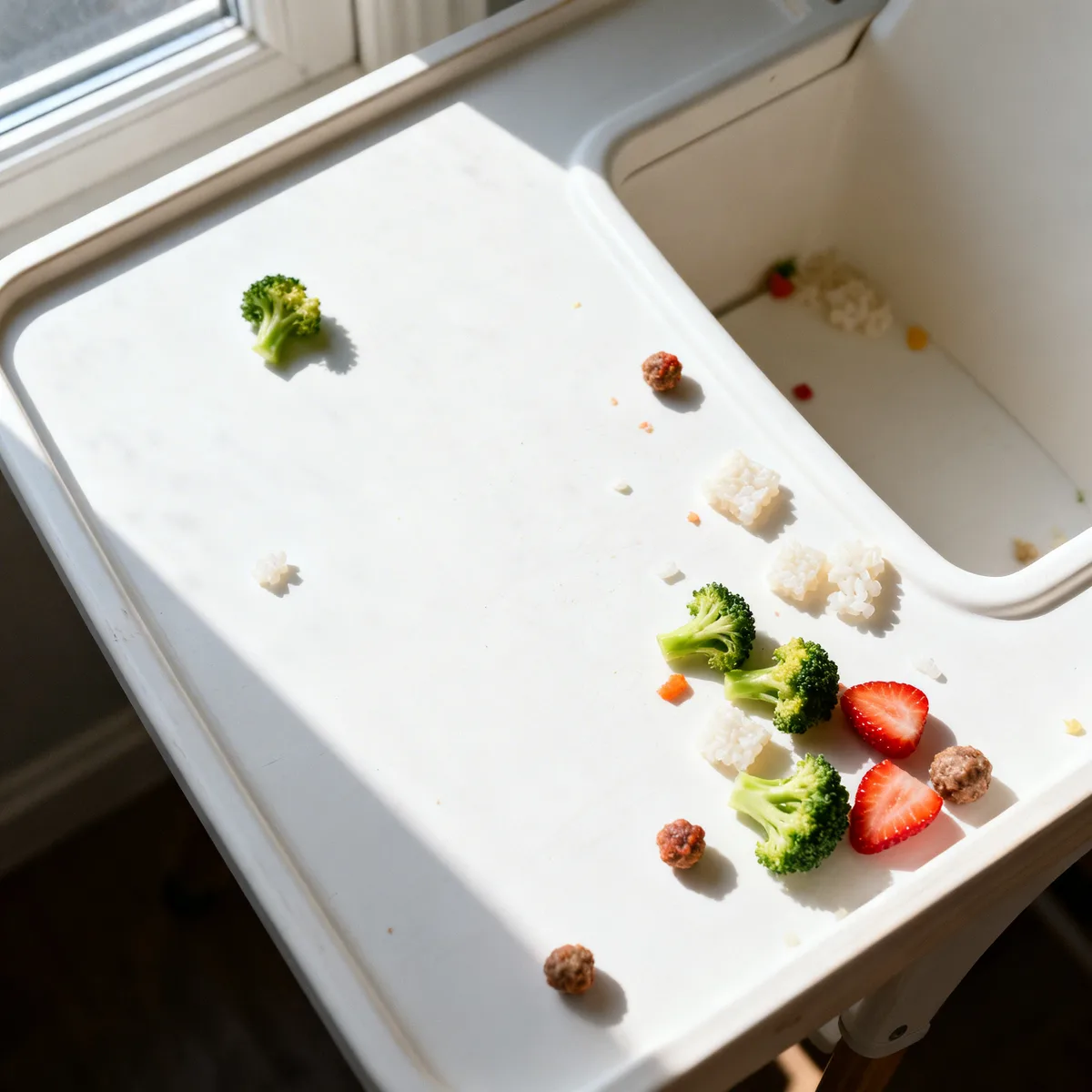 Toddler high chair tray with scattered colorful foods during picky eating